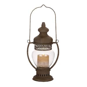 14 in. H Brown Metal Decorative Candle Lantern with Handle