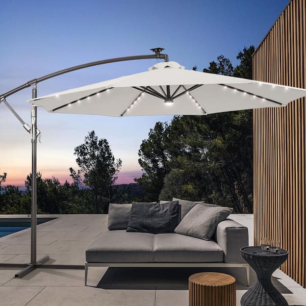 JOYESERY 10 ft. Backyard Outdoor Patio Cantilever Umbrella with LED Lights, Round Canopy, Steel Pole and Ribs, Ivory