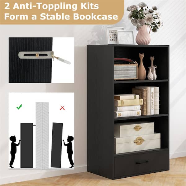 Costway 24 in. Wide Black 3-Shelf Mordern Storage Bookcase