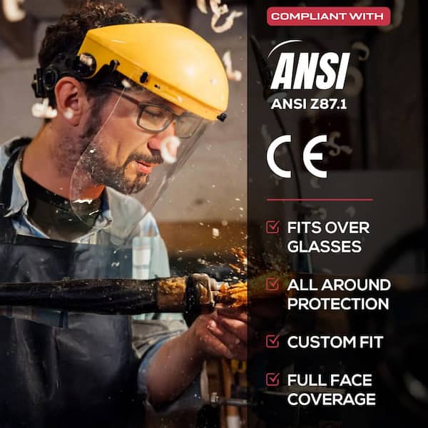Reusable Protective Headgear Safety Face Shield with Ratchet, Lightweight Polycarbonate Visor, Yellow/Clear (16-Pack)
