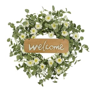 18 in. Spring Artificial Floral Wreath for for Wall Window Party Holiday Home Decor, Green Wreath and White Daisies