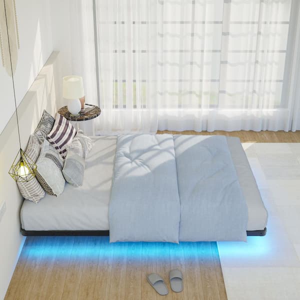 7.7 in. Black LED Floating Bed Frame Queen Platform Bed