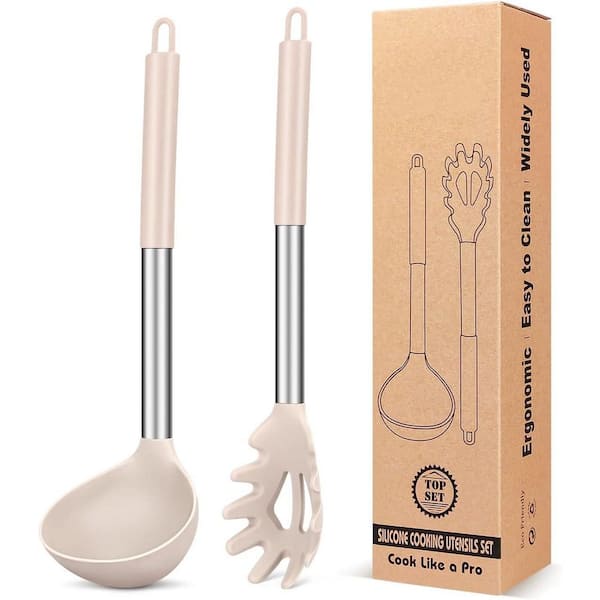 Silicone Pasta Fork and Ladle Spoon Set, Large Non Stick Kitchen Utensils for Cooking, Stirring, Soupand Sauce, Khaki