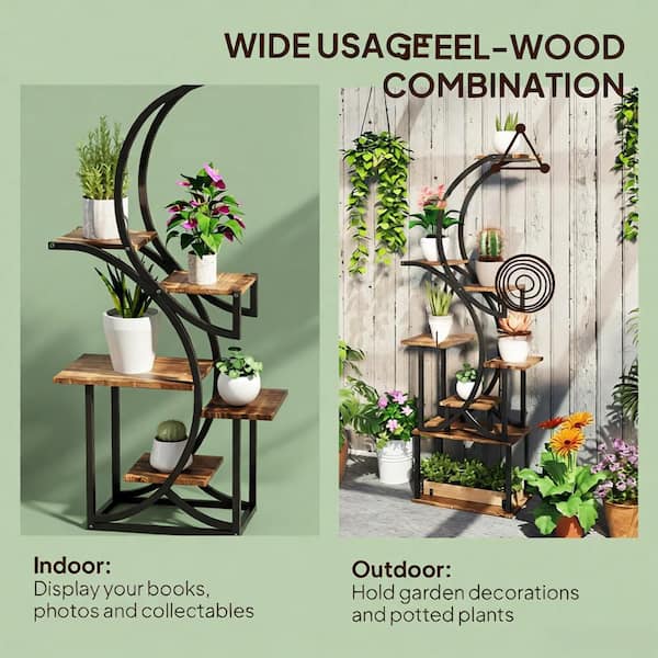 Seafuloy Black 8-Tier Fir Wood Plant Stand, S-Shaped Metal Plant