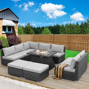 Modern 10-Piece Charcoal Wicker Patio Fire Pit Deep Sectional Seating Sofa Set with Light Grey Cushions and Ottomans