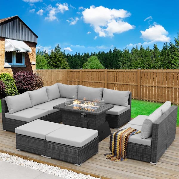 NICESOUL Modern 10-Piece Charcoal Wicker Patio Fire Pit Deep Sectional Seating Sofa Set with Light Grey Cushions and Ottomans