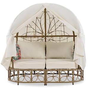 Natural 59.8" Wicker Outdoor Day Bed with Curtain, Beige Cushions, and Colorful Pillows, Floral Pattern Patio Sunbed