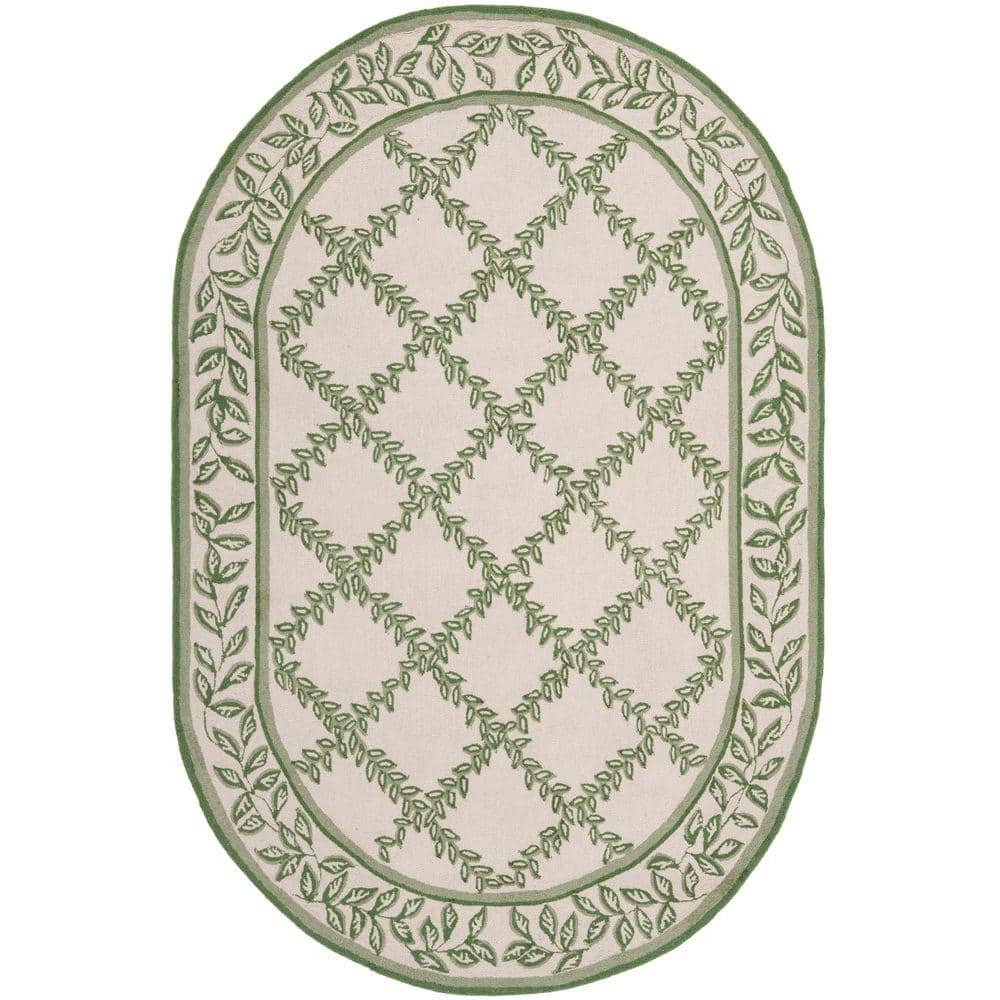 Ivory Floral Tufted Wool Oval Rug Handmade 54" x 6'