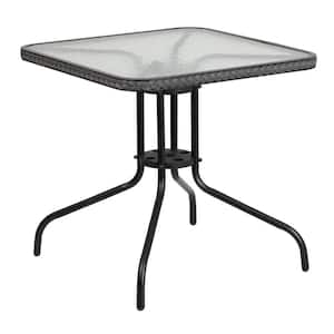 Clear Top/Gray Rattan Square Metal Outdoor Bistro Table