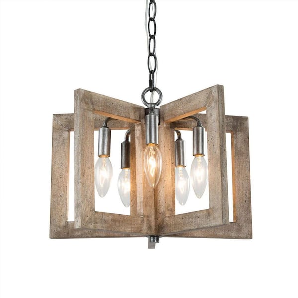 5-Light Grey Wood Cage Frame Chandelier Flush Mount Ceiling Light