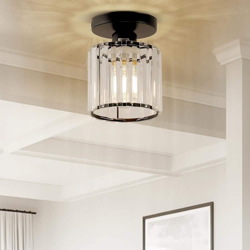 YANSUN 5 in. 1-Light Black Crystal Cylinder Semi Flush Mount Ceiling ...