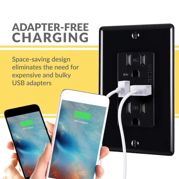 15 Amp Decorator Tamper-Resistant Duplex Receptacle and 4.6A USB Outlet, Wall Plate Included, Black (2-Pack)