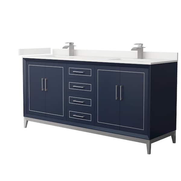 Wyndham Collection Marlena 72 in. W x 22 in. D x 35.25 in. H Double Bath Vanity in Dark Blue with White Quartz Top