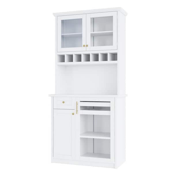 anpport Modern White Wood 35.4 in. W Buffet with Hutch, Drawer and Glass Door
