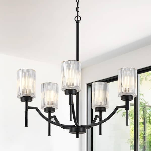 5-Light Painted Black Chandelier with Clear Ribbed Glass Shades