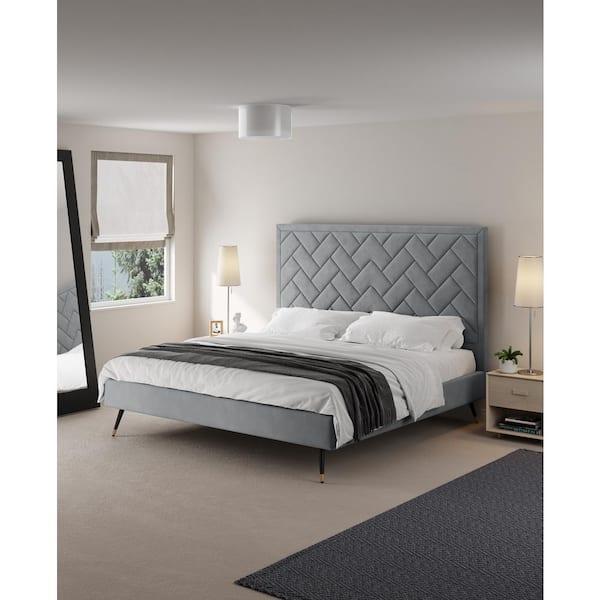 Manhattan Comfort Crosby Modern Gray Velvet Upholstered Wood Frame King Platform Bed