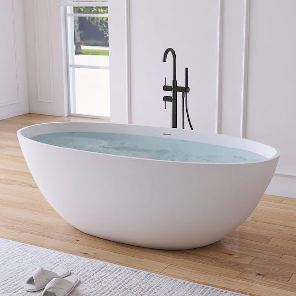 Eaton 65 in. x 30 in. Stone Resin Solid Surface Matte Flatbottom Freestanding Soaking Bathtub in White