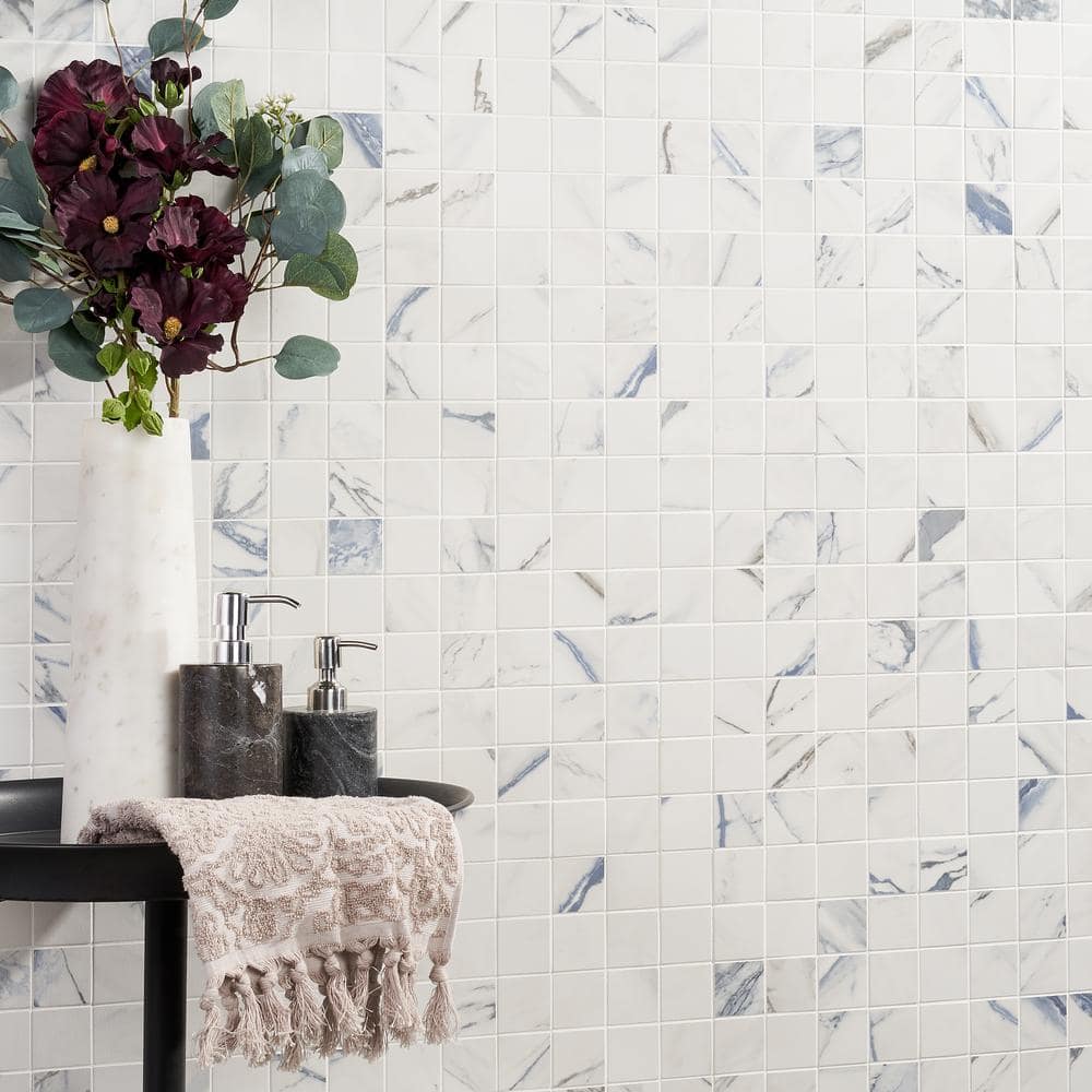 Calacatta Indigo 2" x 2" Porcelain Grid Mosaic Tile Sheet