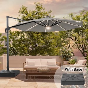 11 ft. Round Solar LED Aluminum 360-Degree Rotation Cantilever Offset Outdoor Patio Umbrella with Base in Gray