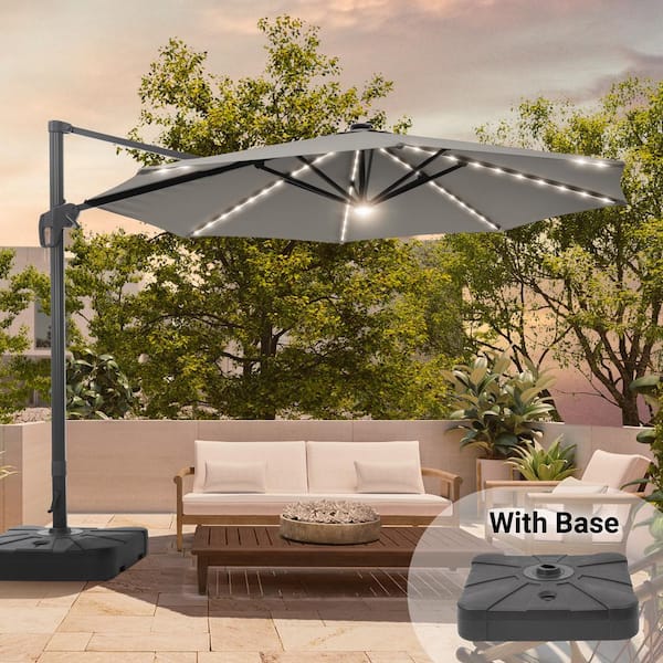 Sonkuki 11 ft. Round Solar LED Aluminum 360-Degree Rotation Cantilever Offset Outdoor Patio Umbrella with Base in Gray