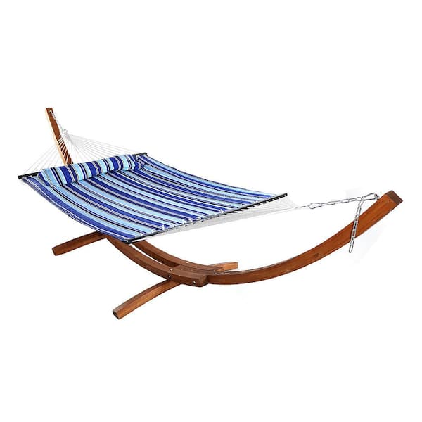 Sunnydaze 11-3/4 ft. Quilted 2-Person Hammock with 13 ft. Wooden Curved Arc Stand in Catalina Beach