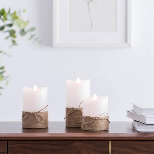 Candle Rope HEMSLY INC Hemp Rope LED Flameless Pillar Candles Set of 3 White ...