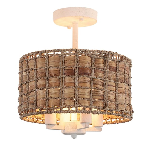 11.8 in. 4-Light Vintage White Drum Shade Semi-Flush Mount with Water Hyacinth & Seagrass and No Bulbs Included