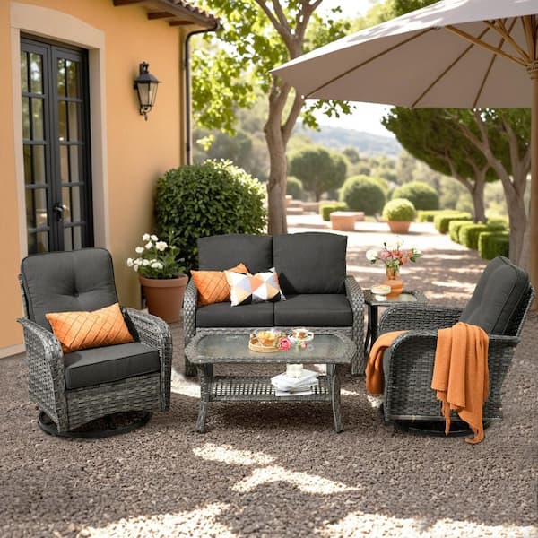 Ruby Grey 5-Piece Wicker Outdoor Furniture Patio Conversation Sofa Set with Swivel Chairs and Black Cushions