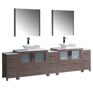Torino 108 in. Double Vanity in Gray Oak with Glass Stone Vanity Top in White with White Basins and Mirrors