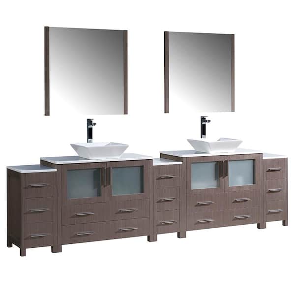 Fresca Torino 108 in. Double Vanity in Gray Oak with Glass Stone Vanity Top in White with White Basins and Mirrors