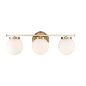24 in. W x 8 in. H 3-Light Natural Brass Bathroom Vanity Light with White Glass Shades