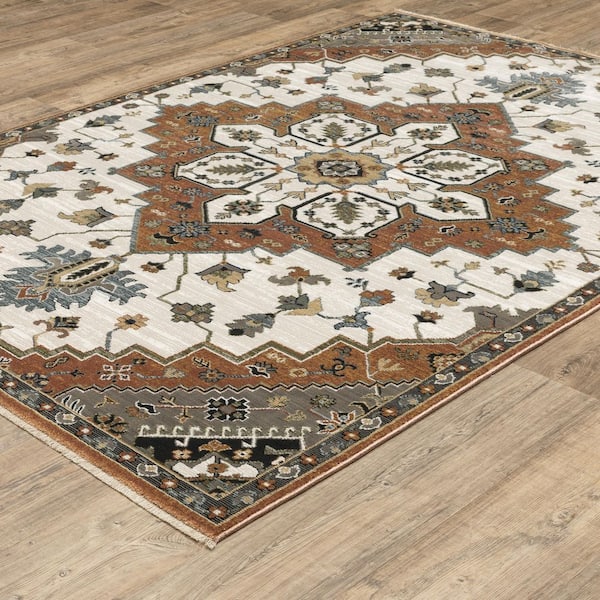 Key Rust/Ivory 2 ft. x 8 ft. Oriental Medallion Polyester Fringed-Edge Indoor Runner Area Rug