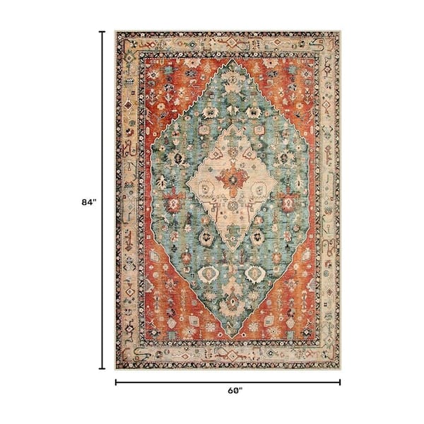 Rust and Teal Tribal 5 ft. x 7 ft. Washable Synthetic Indoor Area Rug