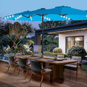 15 ft. Solar LED Patio Market Umbrella Double-Sided Outdoor Umbrella UV Protection with Crank Handle and Base Royal Blue