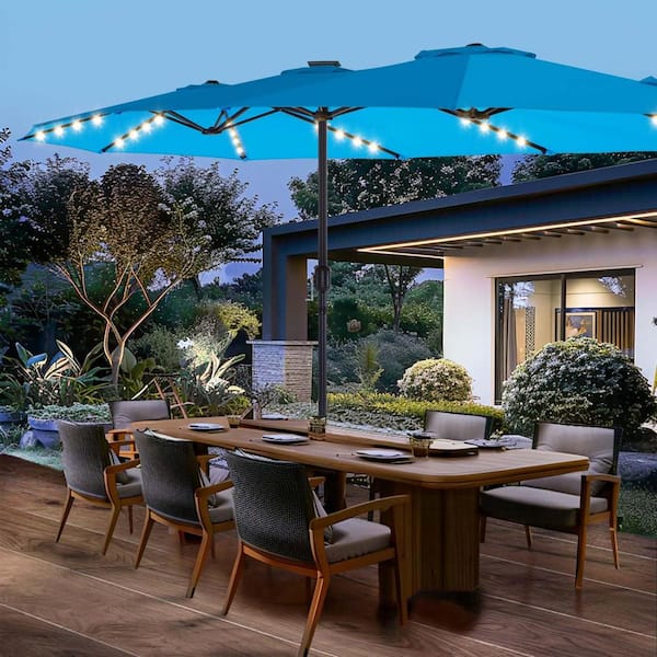 PASAMIC 15 ft. Solar LED Patio Market Umbrella Double-Sided Outdoor Umbrella UV Protection with Crank Handle and Base Royal Blue