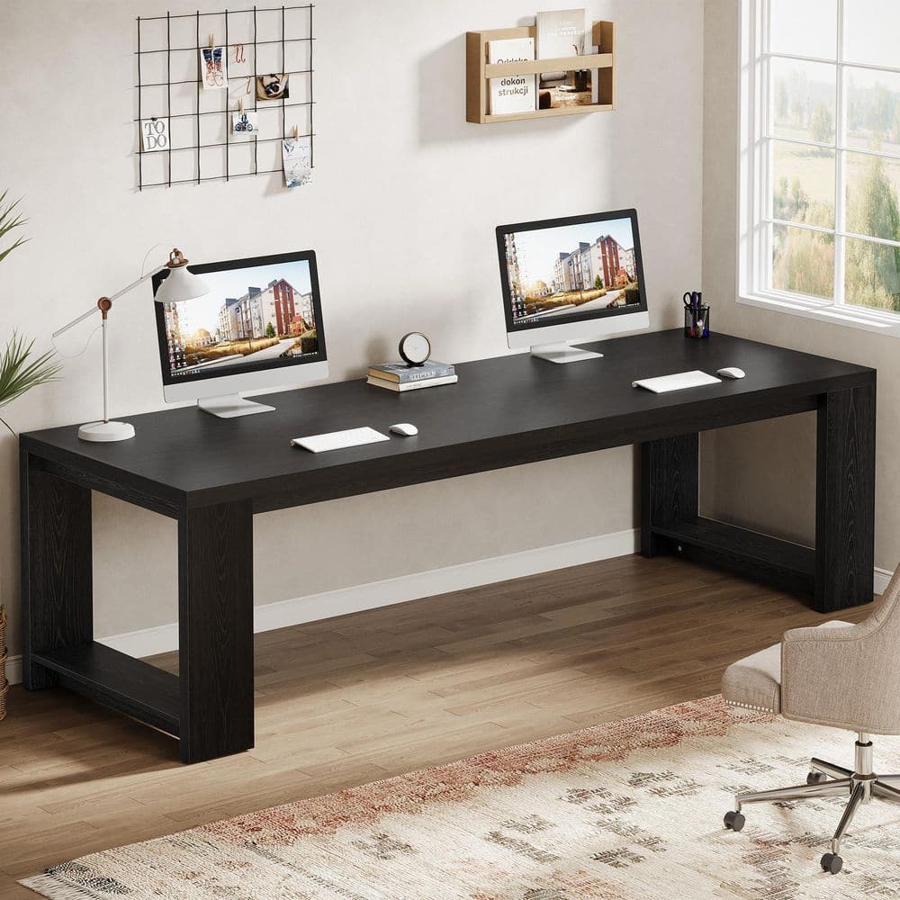 Halseey 86.6-Inch Extra Long Double Rectangular Black Wood Computer Desk Home office School Writing Study 2-Person Table