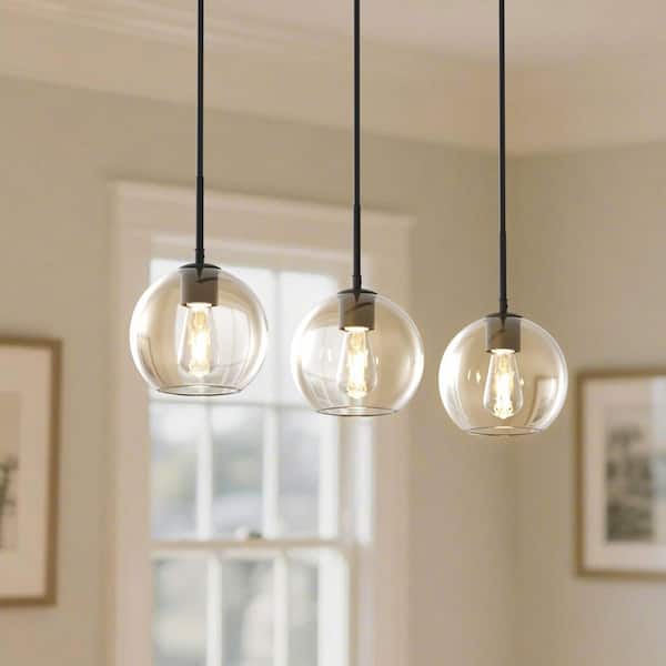 3 Light Island Pendant Light with Matte Black Finish & Clear Glass Globe for Dining Room and Kitchen, No Bulbs Included