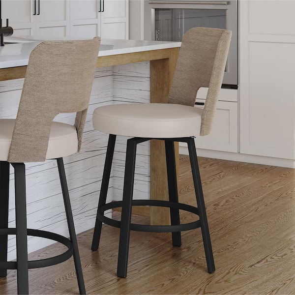 Marek 26 in. Cream Faux Leather / Seagrass / Black Metal Swivel Counter Stool