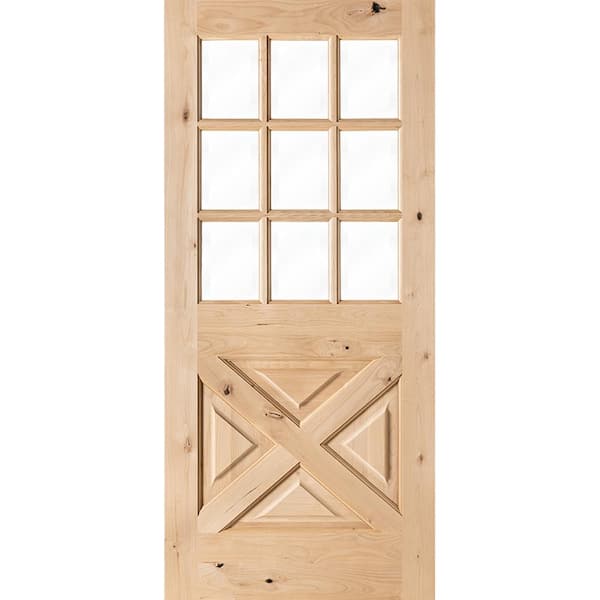 Krosswood Doors 32 in. x 80 in. Rustic Knotty Alder 9-Lite Clear Glass with X-Panel Unfinished Wood Front Door Slab
