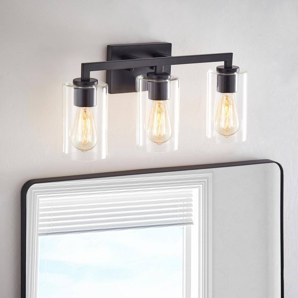 KAWOTI 20.75 in. 3-Light Matte Black Vanity Light with Clear Glass ...