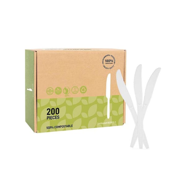 White Neutral Disposable Corn Starch Tableware Heavy Duty Knives Eco Friendly Compostable 200 Per Case