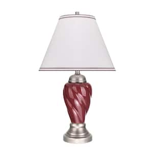 26 in. Burgundy Ceramic Table Lamp with Hardback Empire Shaped Lamp Shade in Off-White