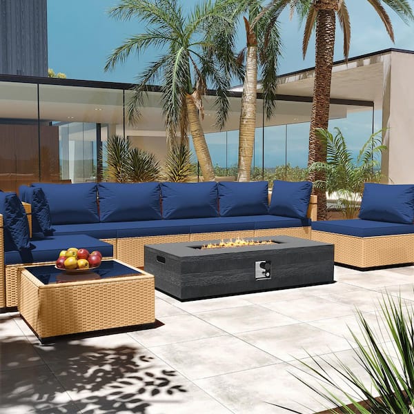 PATIOGUARDER 8-Piece Rattan Patio Conversation Set with Cushions and 56 in. Outdoor Rectangle Fire Pit Table, Navy Blue Cushions