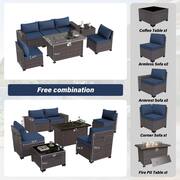 7-Piece Wicker Patio Conversation Set with 55000 BTU Gas Fire Pit Table and Glass Coffee Table and Navy Blue Cushions