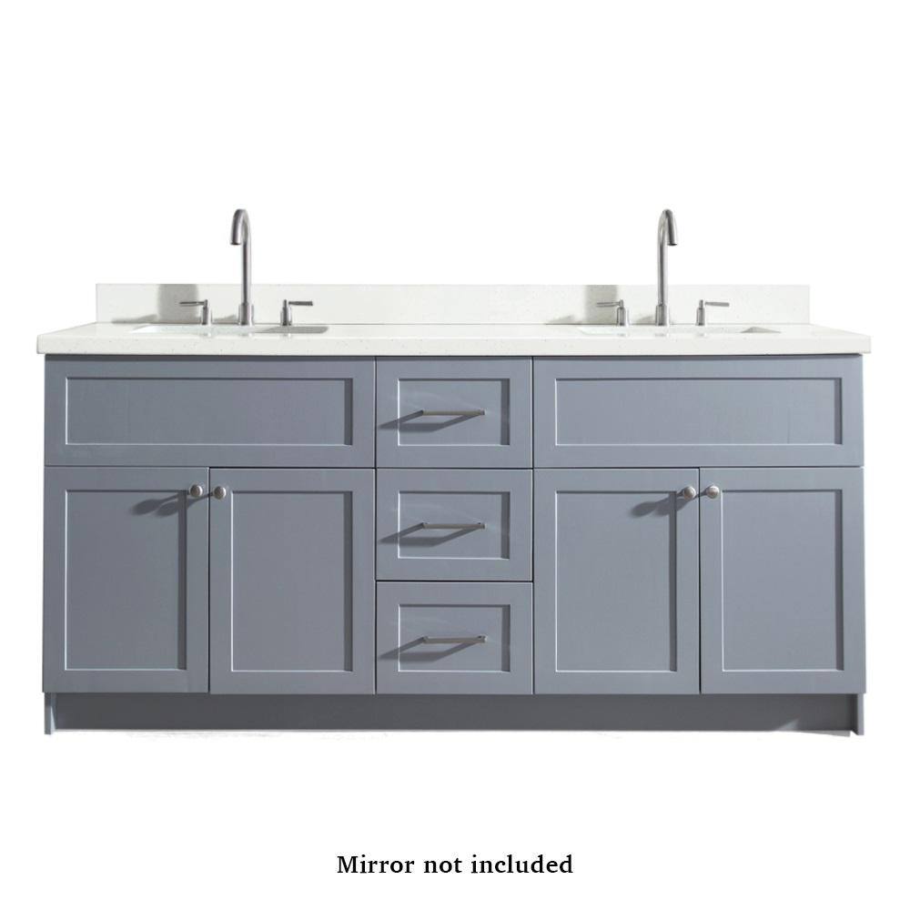 Ariel Hamlet 73 In Bath Vanity In Grey With Quartz Vanity Top In White With White Basins F073d Wq Vo Gry The Home Depot