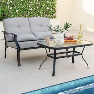 2-Piece Metal Outdoor Loveseat Set with Blue Cushions and Tempered Glass Top Table