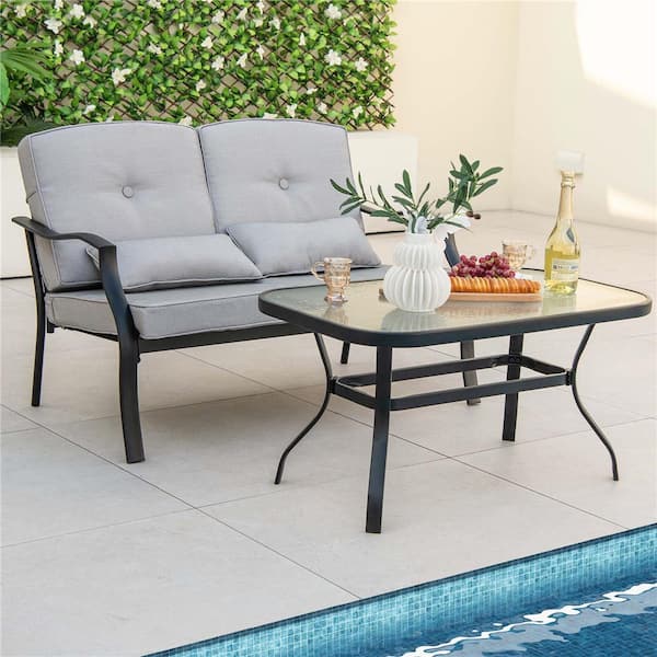 2-Piece Metal Outdoor Loveseat Set with Gray Cushions and Tempered Glass Top Table