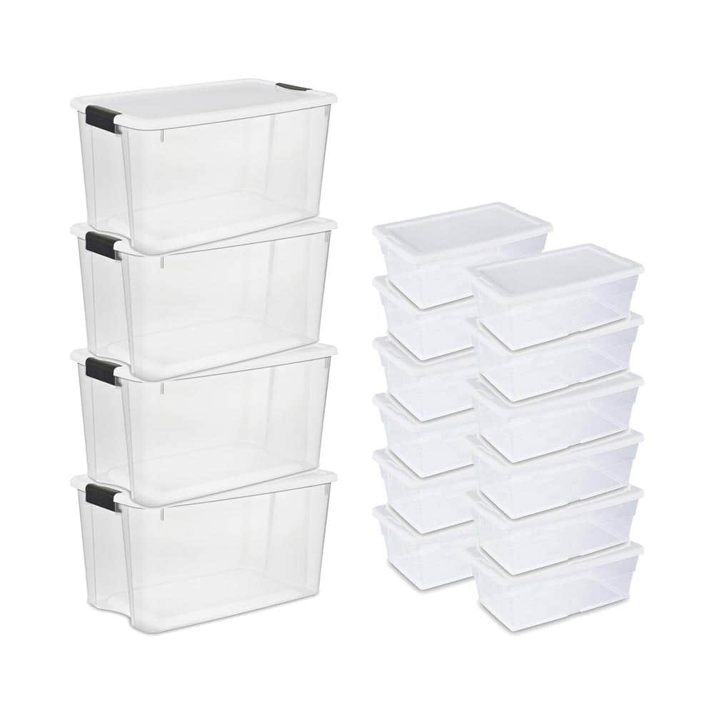 Sterilite 70 Quart Multipurpose Stackable Plastic Latching Lid Storage  Tote, 4 Pack & 6 Quart Container Box Bin for Home Organization, Clear 12  Pack