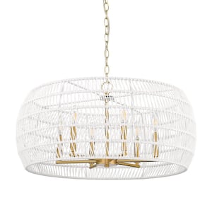 Ellie 6-Light Modern Brushed Gold and Bleached White Raphia Rope Chandelier for Living Room with No Bulbs Included