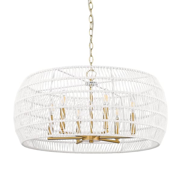 Golden Lighting Ellie 6-Light Modern Brushed Gold and Bleached White Raphia Rope Chandelier for Living Room with No Bulbs Included
